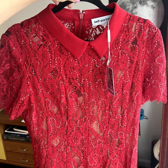 Self-Portrait Women's Red Sequin Lace Mini Dress short sleeve size 12 New - Picture 9 of 10